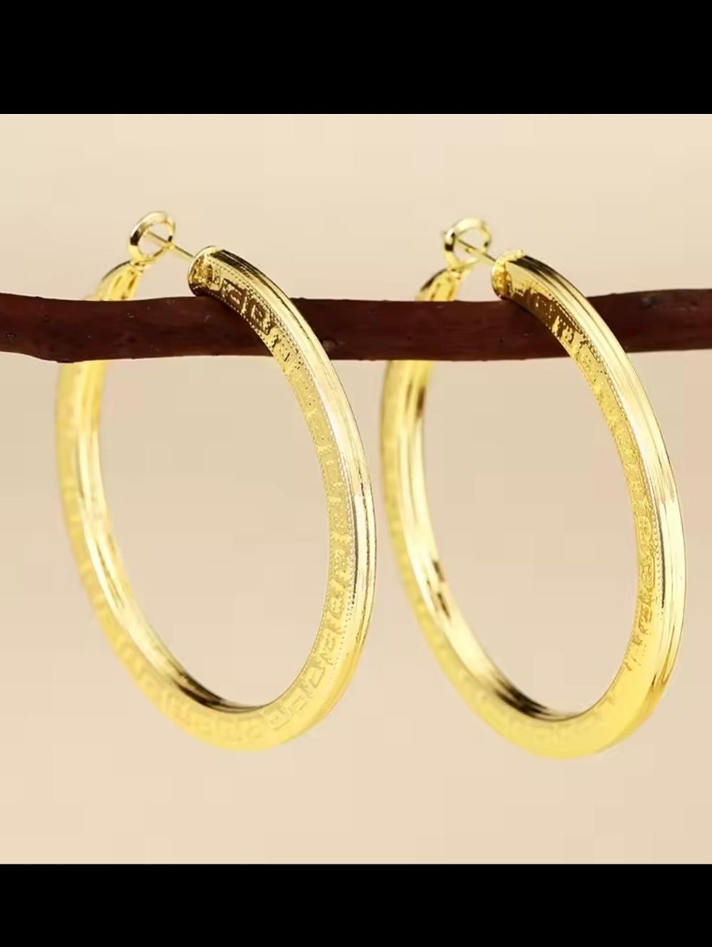 Designer Inspired 18K Gold Plated Greek Design Hoop Earrings - Picture 6 of 8